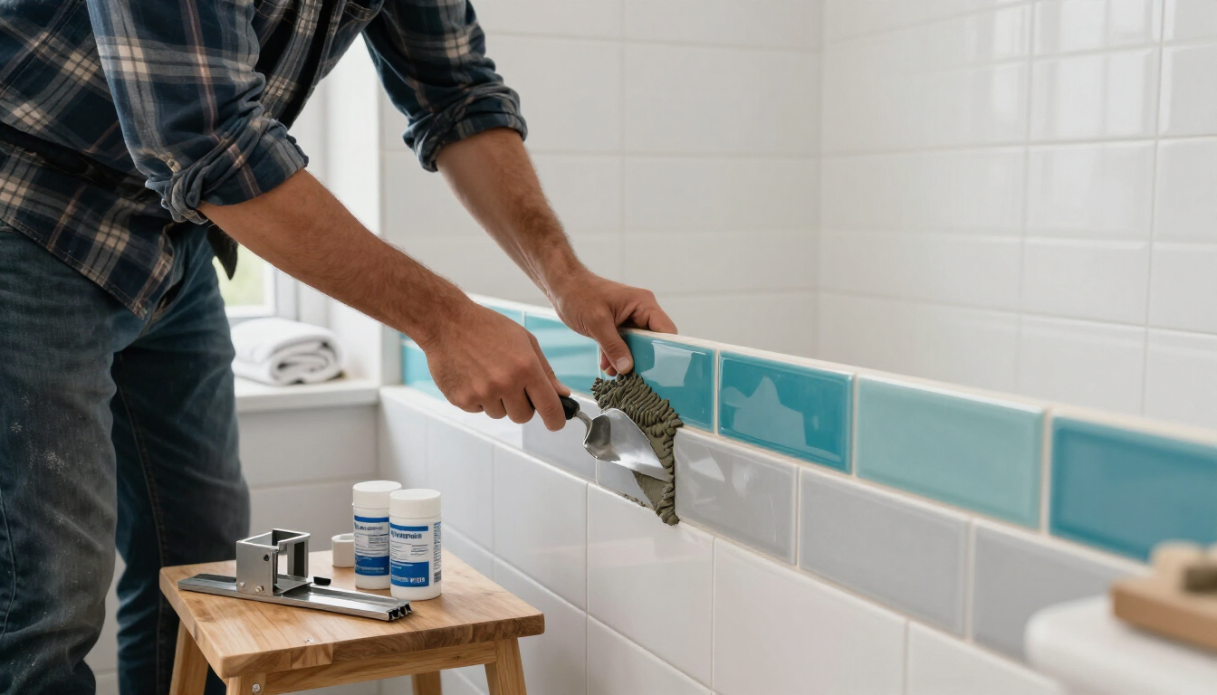 Worker installing blue accent tile along a bathroom wall during kitchen and bathroom remodeling in Surprise, AZ