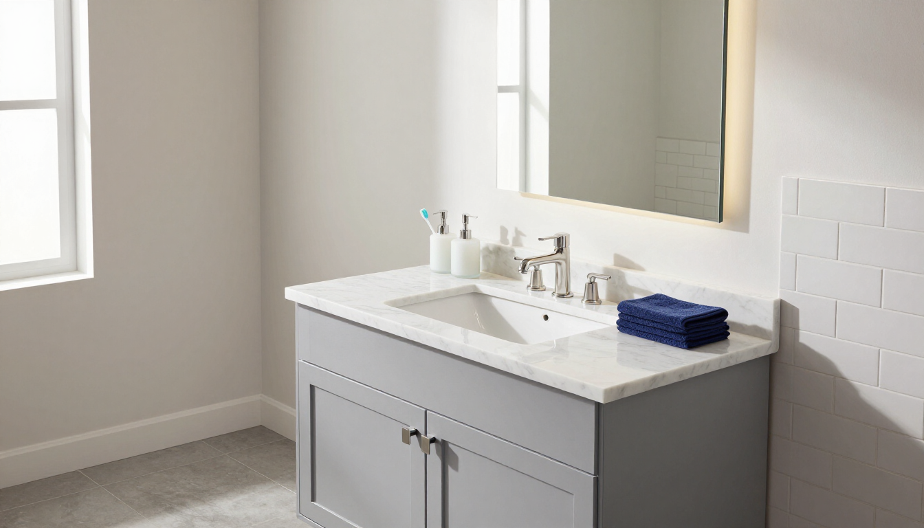 White bathroom vanity with gray cabinets for bathroom and kitchen remodeling