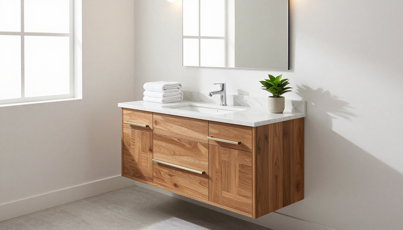 Wood bathroom vanity with white countertop, sink, and bright window after kitchen and bathroom remodeling in Surprise, AZ
