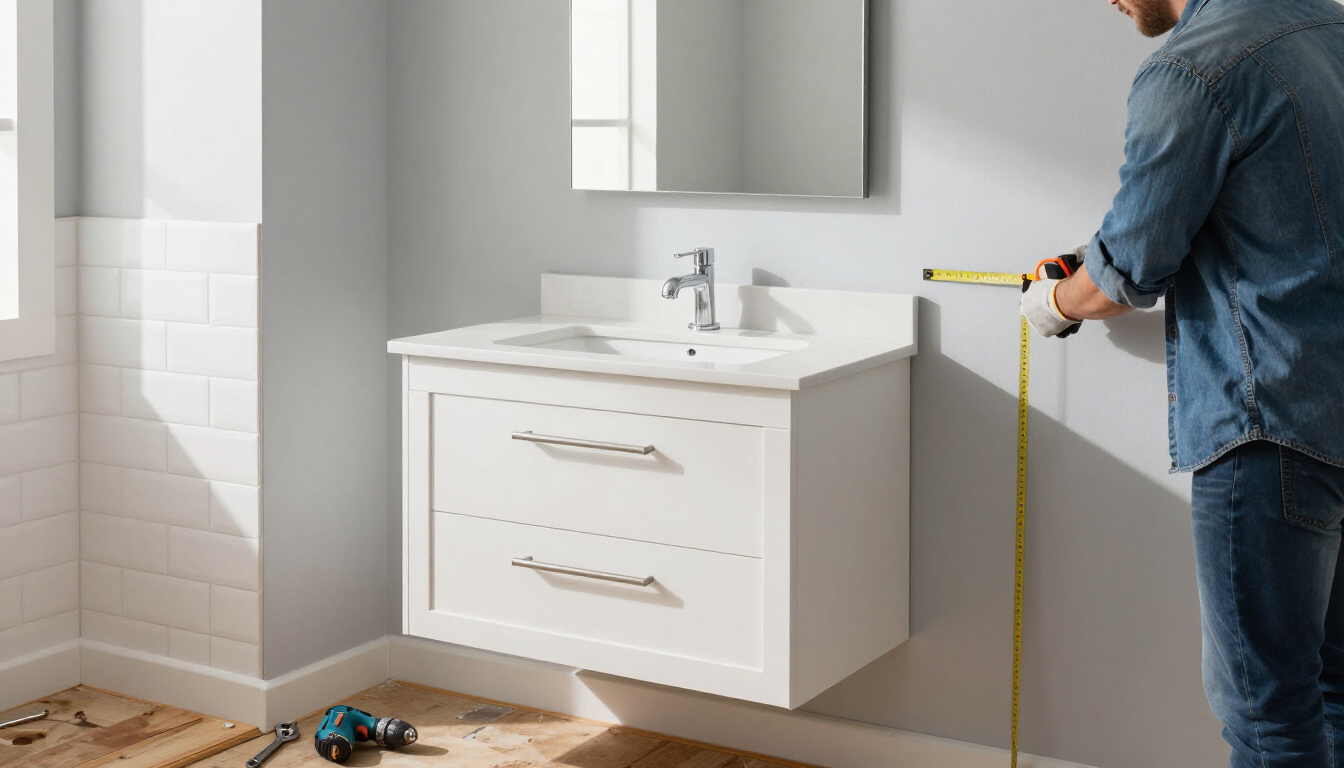Worker measuring beside a white bathroom vanity during installation for kitchen and bathroom remodeling in Surprise, AZ