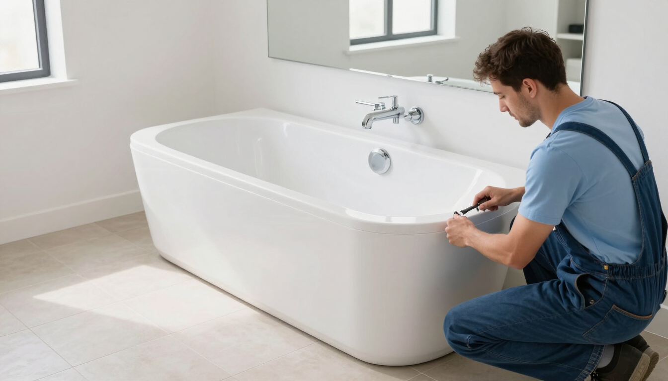 Worker installing a white freestanding tub for bathroom and kitchen remodeling