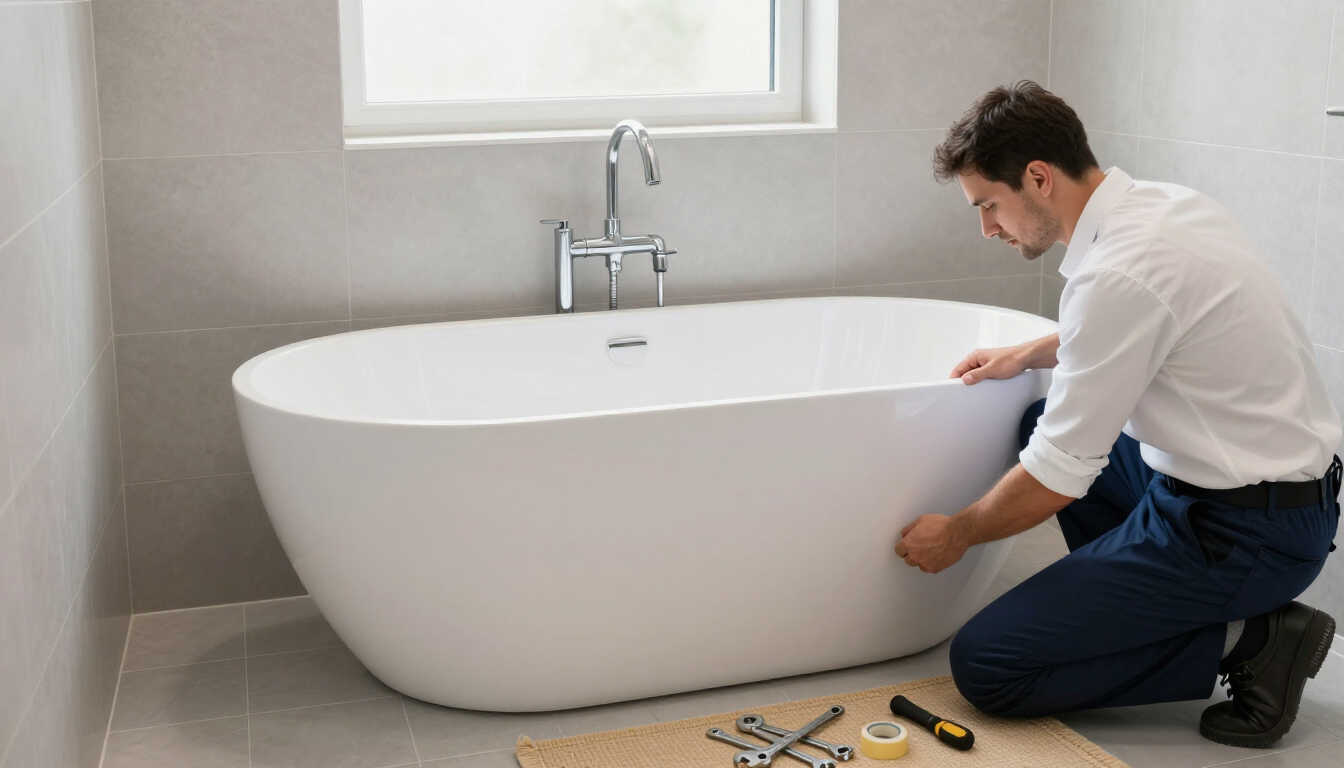 Worker installing a freestanding white bathtub in a bright bathroom during kitchen and bathroom remodeling in Surprise, AZ