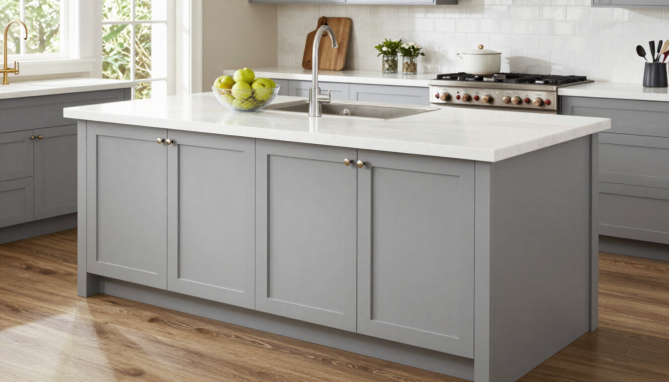 Gray kitchen island with white counters for bathroom and kitchen remodeling
