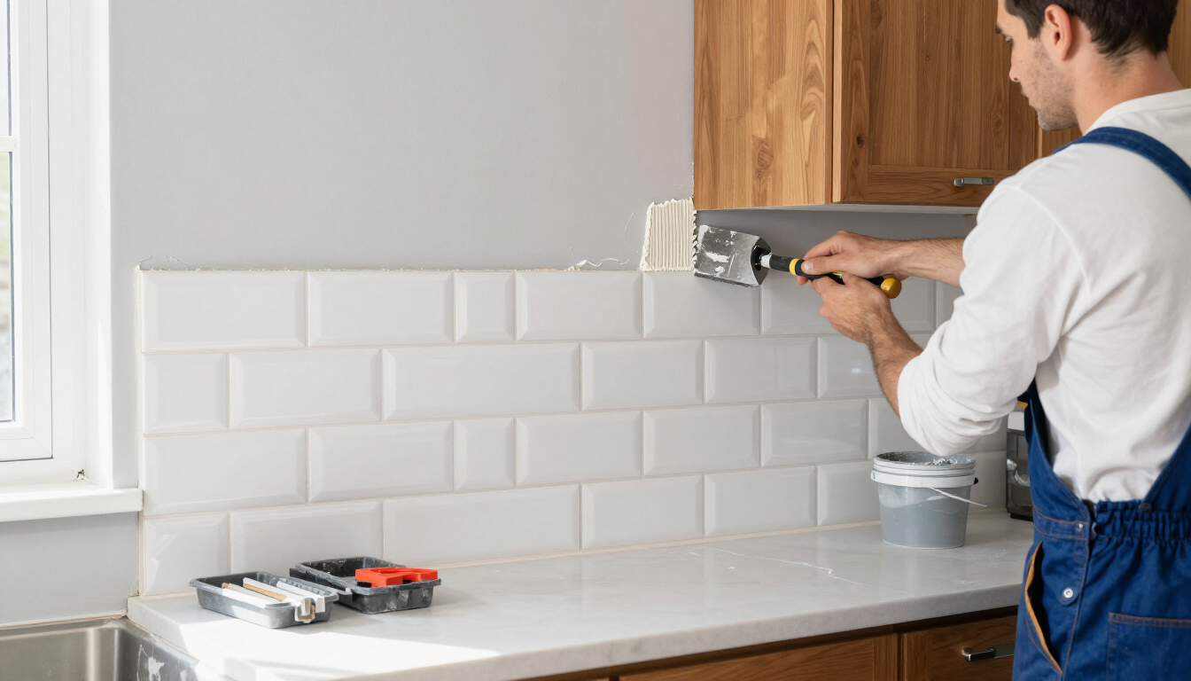 Worker installing white subway backsplash for bathroom and kitchen remodeling