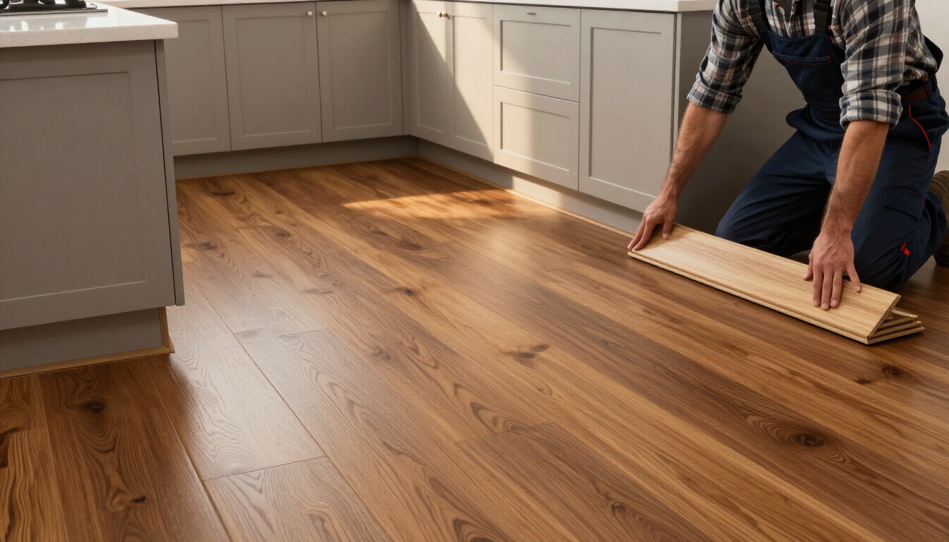 Worker laying wood kitchen flooring for bathroom and kitchen remodeling