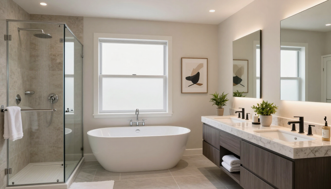 Master bathroom with tub, glass shower, and vanity for bathroom and kitchen remodeling