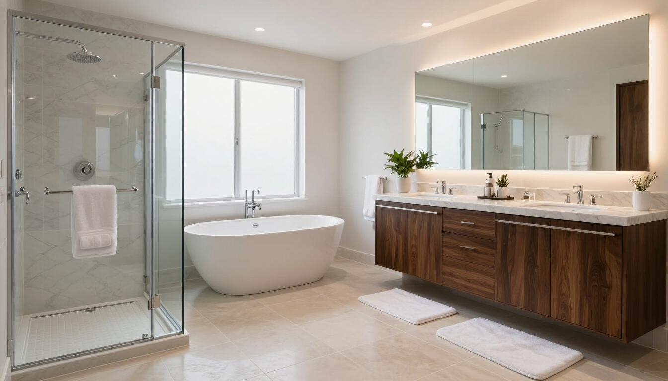 Modern master bathroom with glass shower, freestanding tub and after kitchen and bathroom remodeling in Surprise, AZ