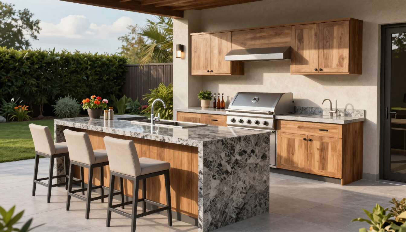 Outdoor kitchen with grill and stone island for bathroom and kitchen remodeling