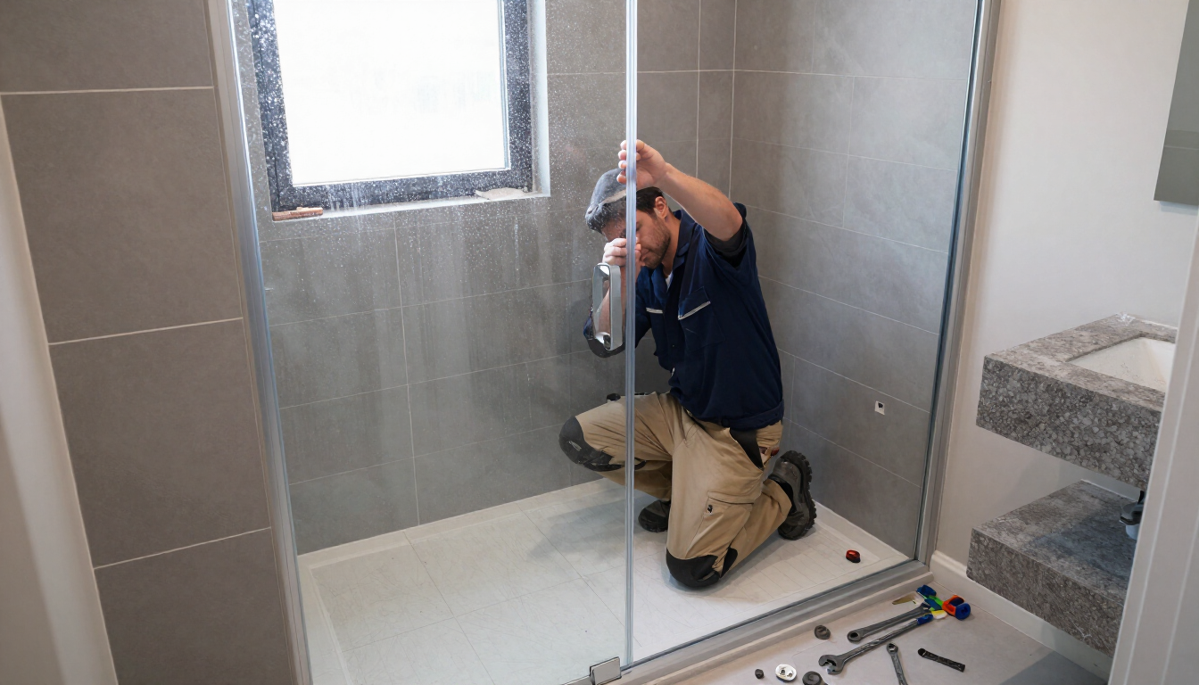 Worker measuring and installing shower tile around a window during kitchen and bathroom remodeling in Surprise, AZ