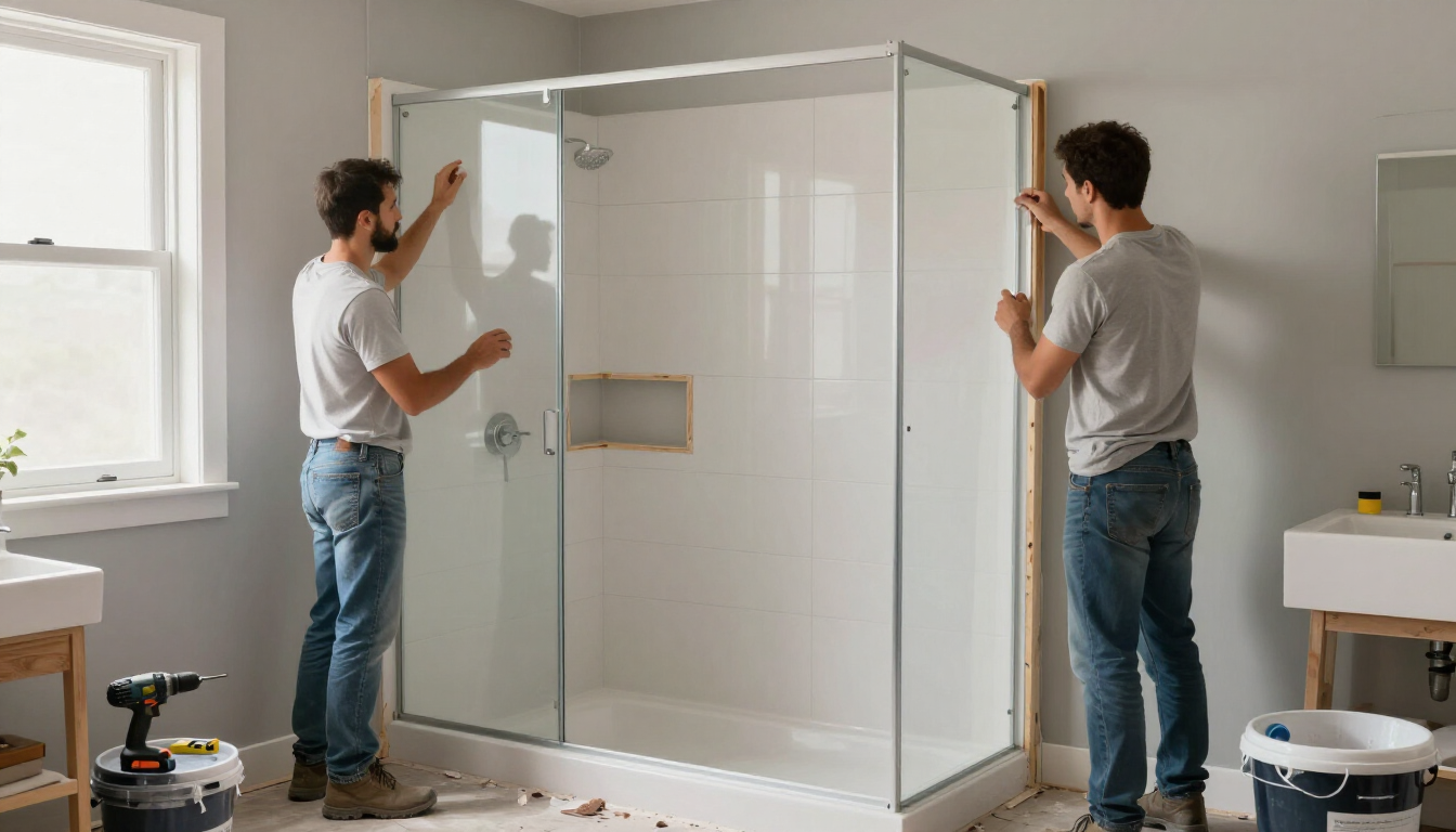 Worker installing a tub-to-shower conversion during kitchen and bathroom remodeling in Surprise, AZ