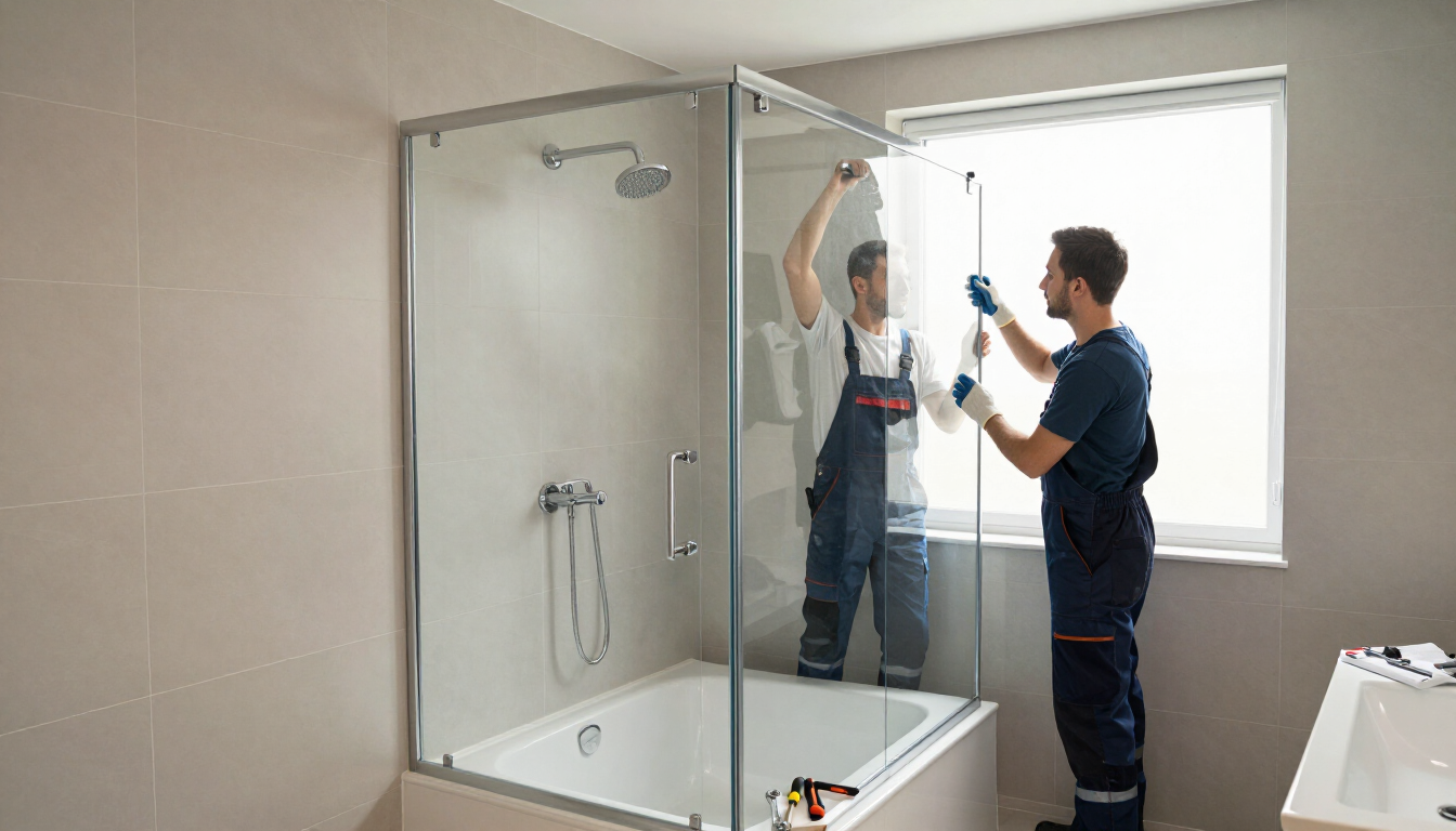 Installers fitting a glass shower panel above a bathtub during kitchen and bathroom remodeling in Surprise, AZ