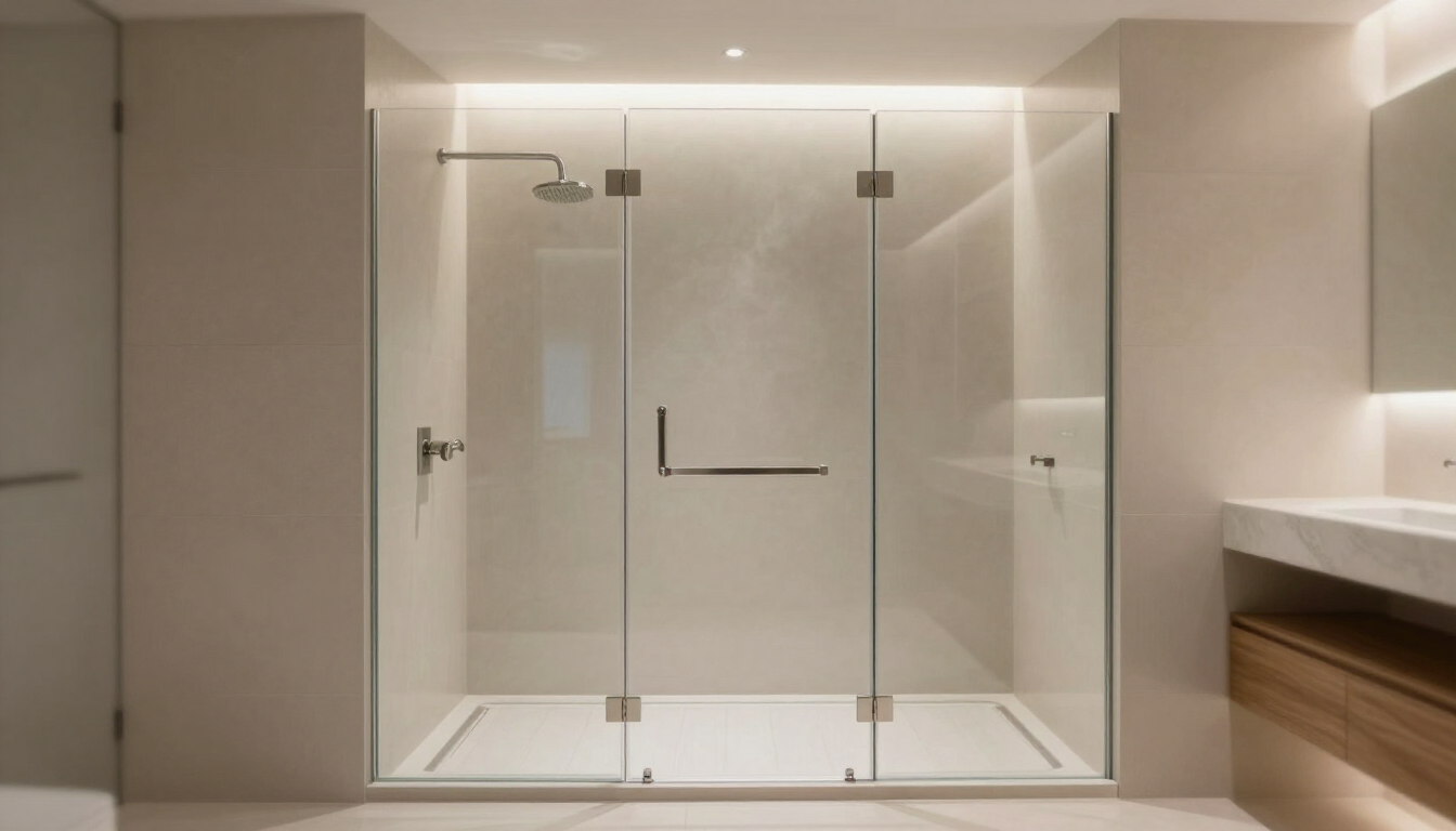 Clean walk-in shower with glass doors, bright lighting, and modern tile after kitchen and bathroom remodeling in Surprise, AZ