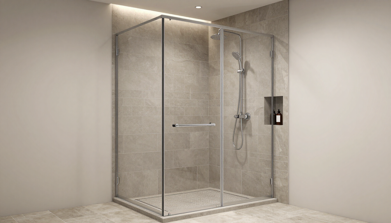 Modern walk-in shower with gray tile walls, glass panels, and built-in niche in Surprise, AZ
