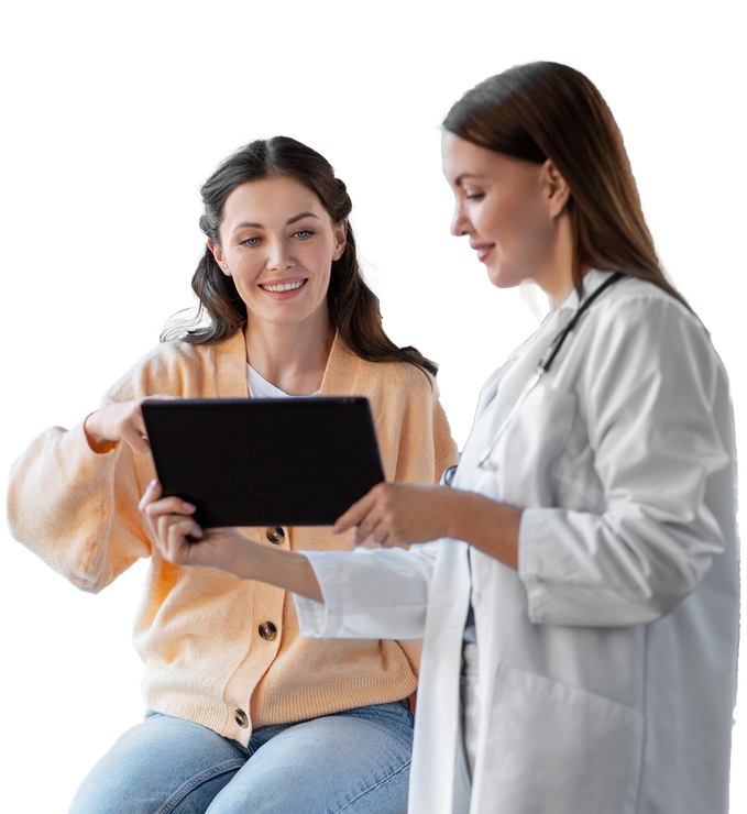 Patient and female doctor reviewing results on tablet, collaborative and personalized care discussion.