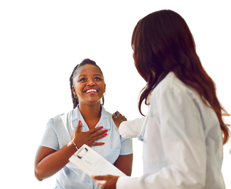 Smiling patient speaking with female doctor holding clipboard, warm supportive healthcare interaction.