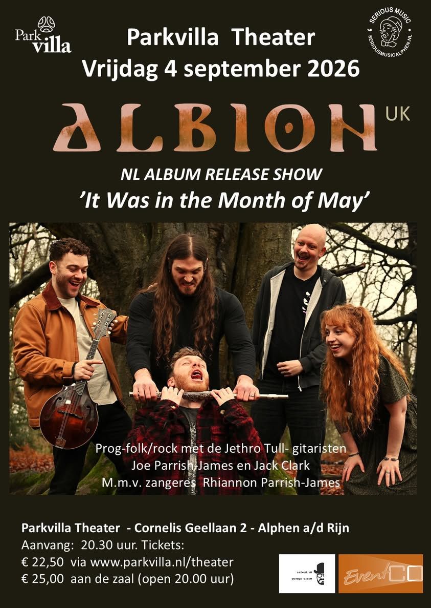 Poster voor het releaseconcert van het ALBION UK-album in het Parkvilla Theater op vrijdag 4 september 2026, met een foto van de folkband en details over het evenement.