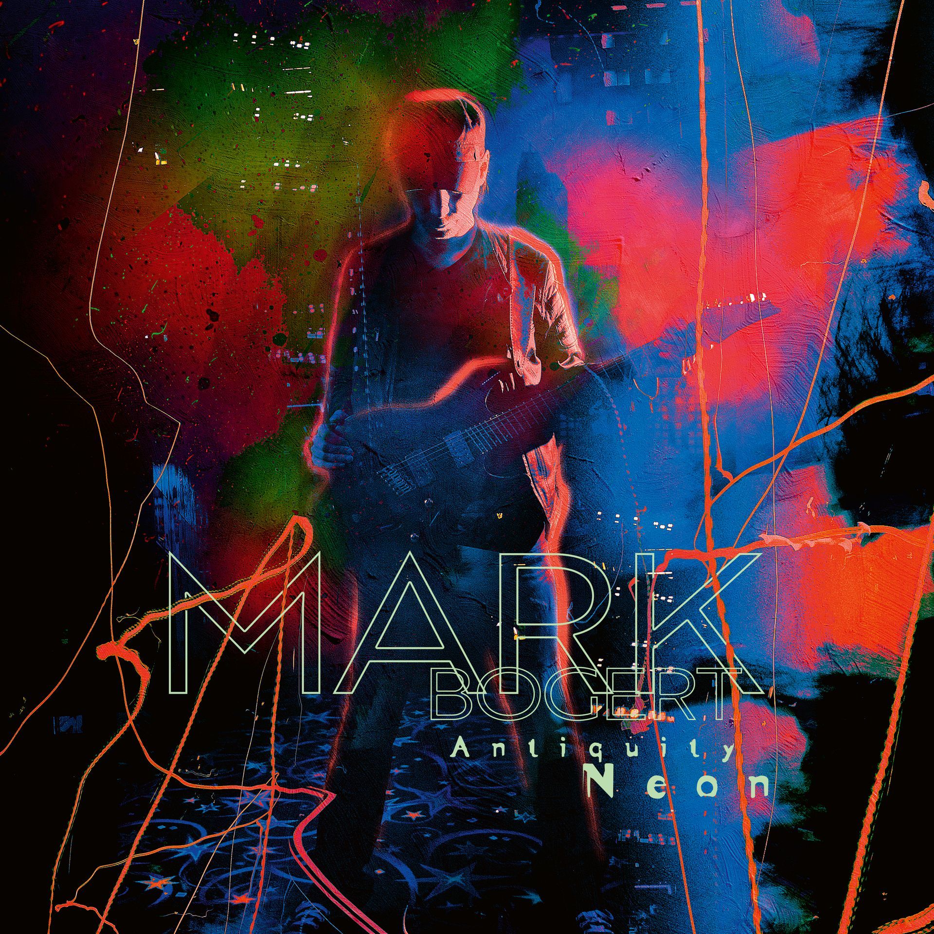 Abstracte neon concertposter met een silhouet van een gitarist te midden van rode, blauwe en groene verfspatten.