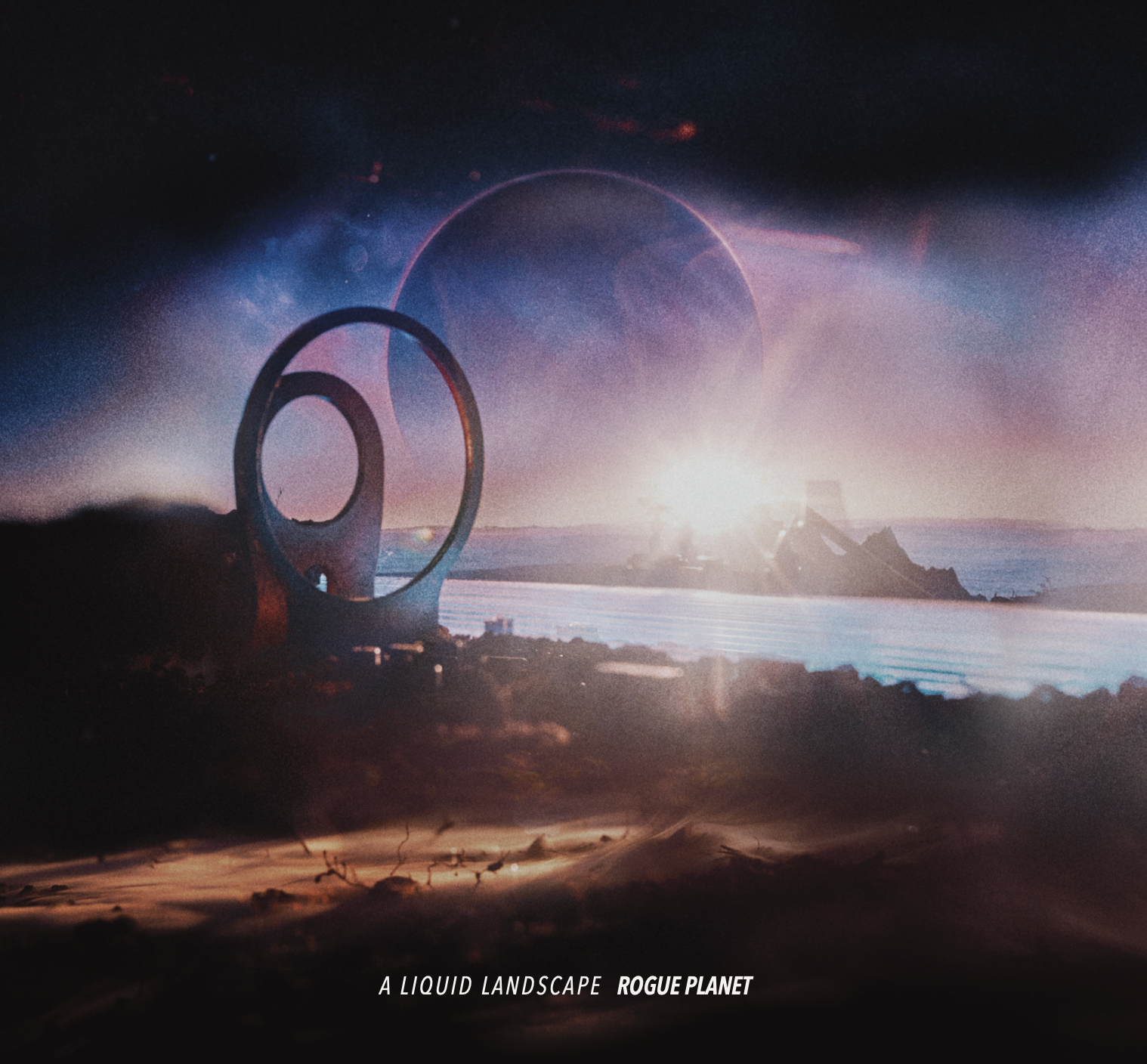 Abstract sciencefictionlandschap met gloeiende ringen, een heldere horizon en mist boven water in de schemering.