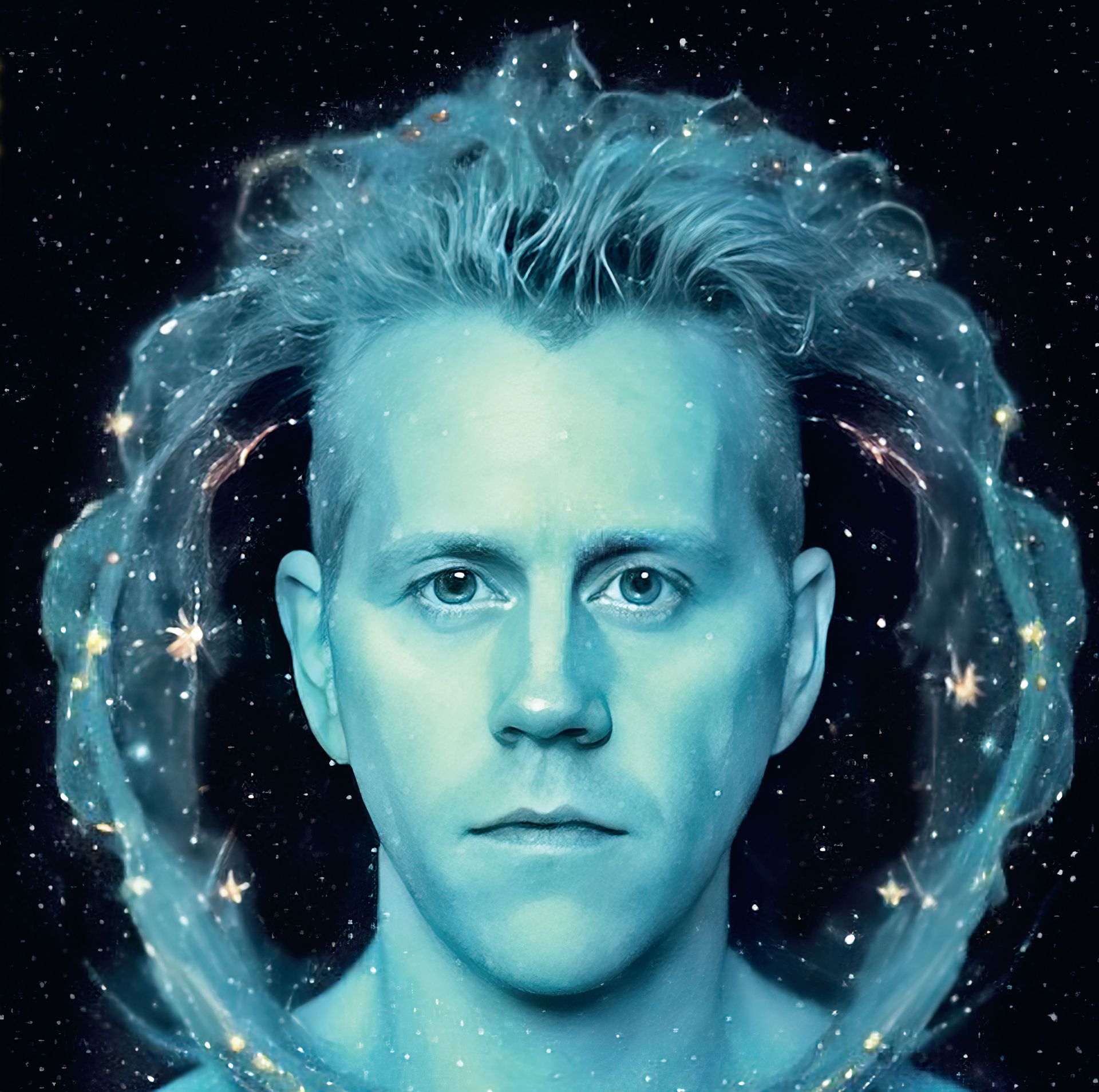 Blauwgetint portret van een persoon met een gloeiende kosmische halo en een sterrenhemel op de achtergrond.