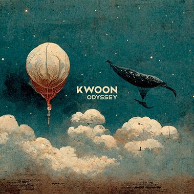 Een heteluchtballon en een walvis zweven boven de wolken in een turquoise lucht, met de titel 