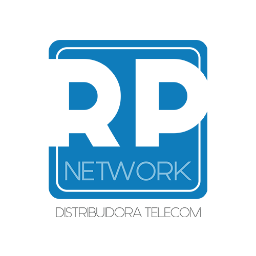Um logotipo azul e branco para rp network distribuidora telecom