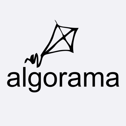 Um logotipo preto e branco para o Algorama com uma pipa nele.
