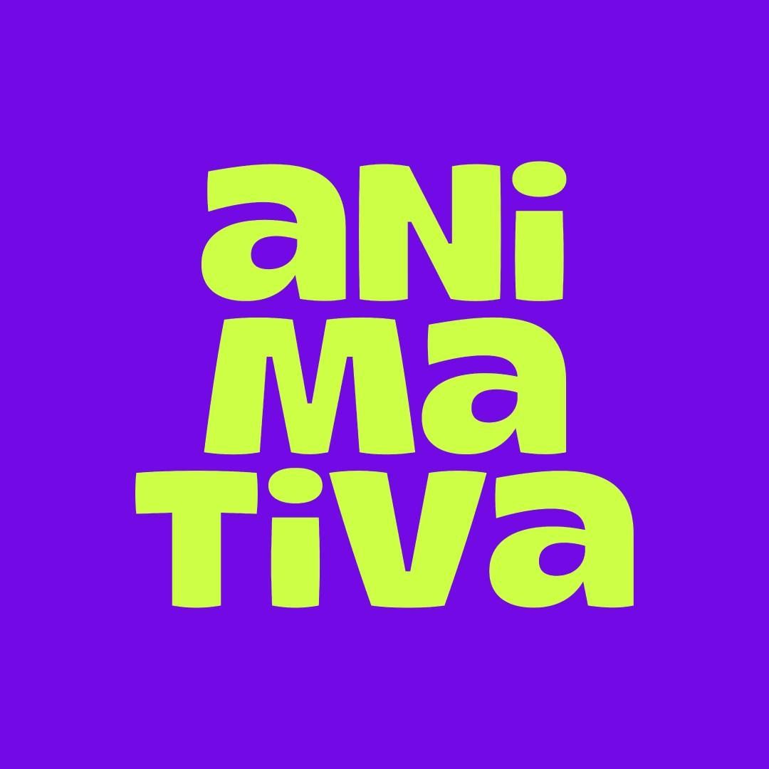 O logotipo da ani ma tiva é amarelo sobre fundo roxo.