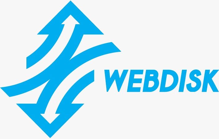 Um logotipo de webdisk azul e branco com setas apontando em direções opostas