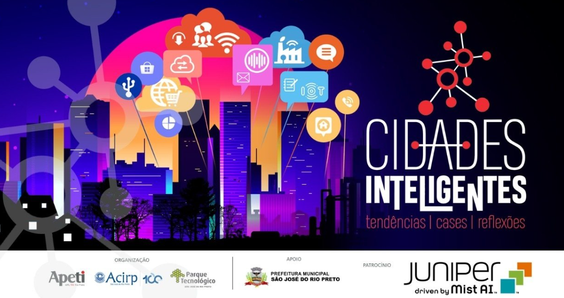 Um cartaz para cidades inteligentes com o horizonte da cidade ao fundo