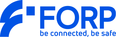 Um logotipo azul da ForP que diz: esteja conectado, esteja seguro