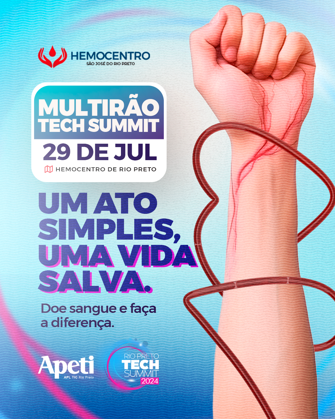 Um pôster para uma cúpula de tecnologia em julho com um punho no ar.