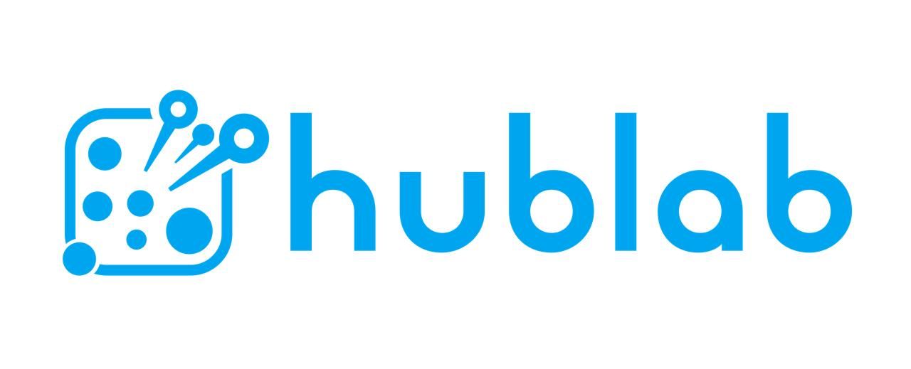 O logotipo do hublab é um logotipo azul com um fundo branco.