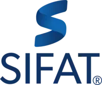 O logotipo da sifat é um redemoinho azul com letras brancas.