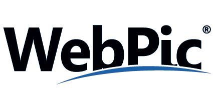O logotipo da webpic é preto e azul em um fundo branco.