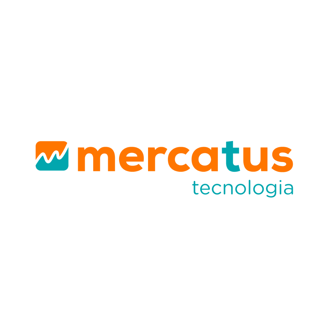 O logotipo da mercatos tecnologia é laranja e azul em um fundo branco.