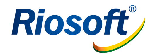 Um logotipo azul e amarelo para riosoft em um fundo branco