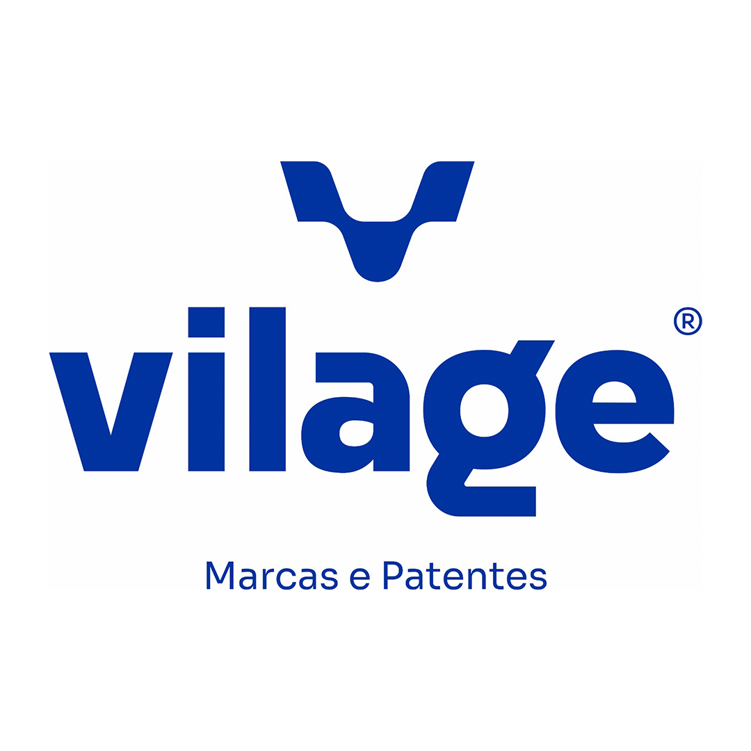 O logotipo da vila é azul e branco e diz marcas e patentes.
