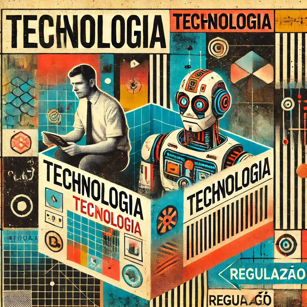 Um homem está sentado em uma caixa ao lado de um robô que diz tecnologia