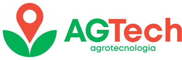 Um logotipo para agtech agrotecnologia com uma planta verde e um pin vermelho.