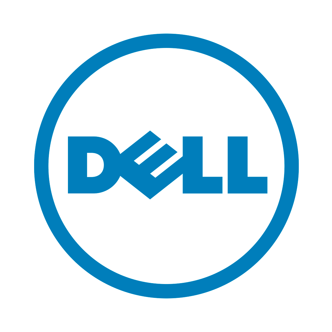 O logotipo da Dell está em um círculo azul em um fundo branco.