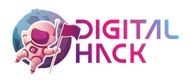 Um logotipo para hack digital com um astronauta segurando uma bandeira.