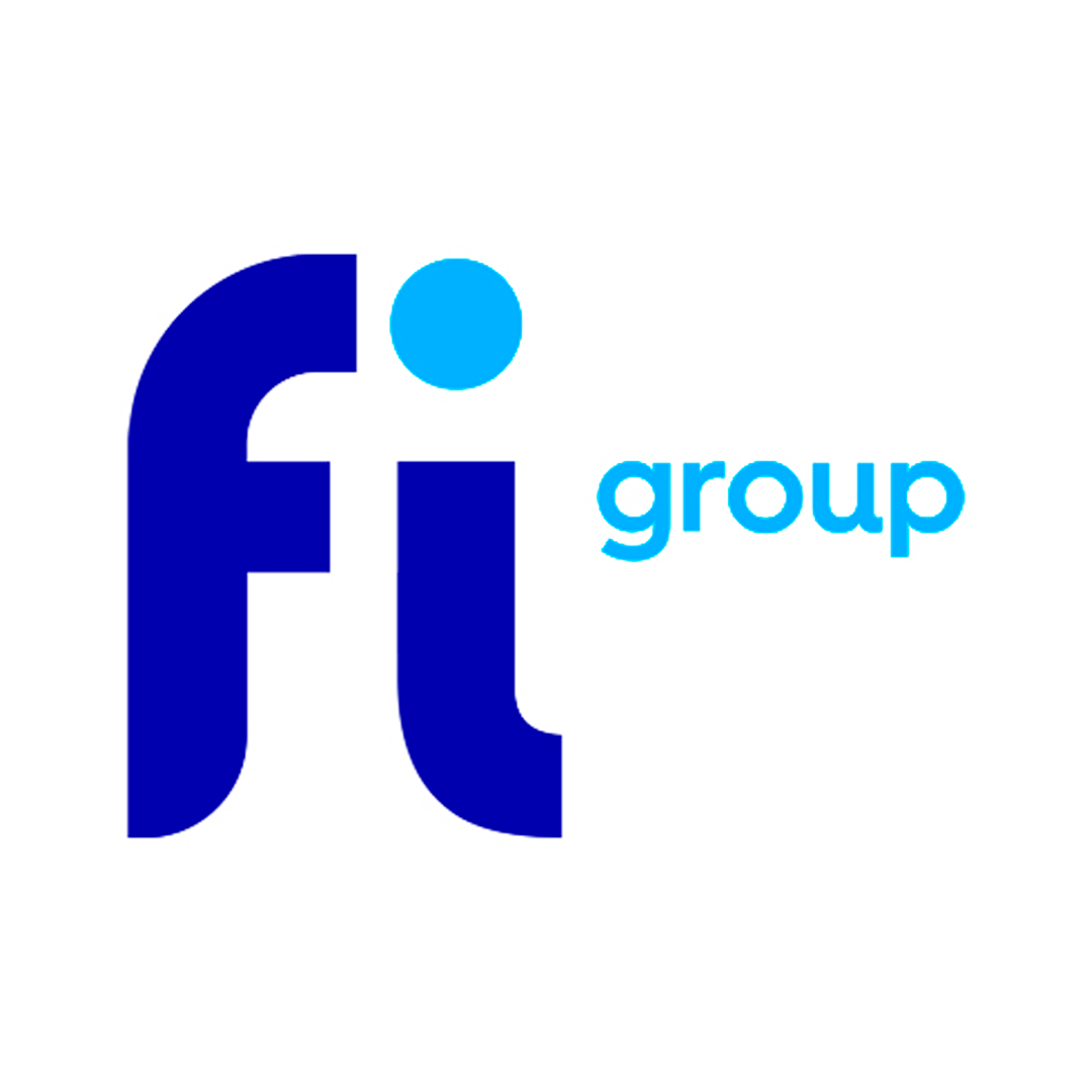 Um logotipo do grupo fi azul em um fundo branco