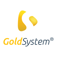 Um logotipo amarelo e azul para goldsystem em um fundo branco