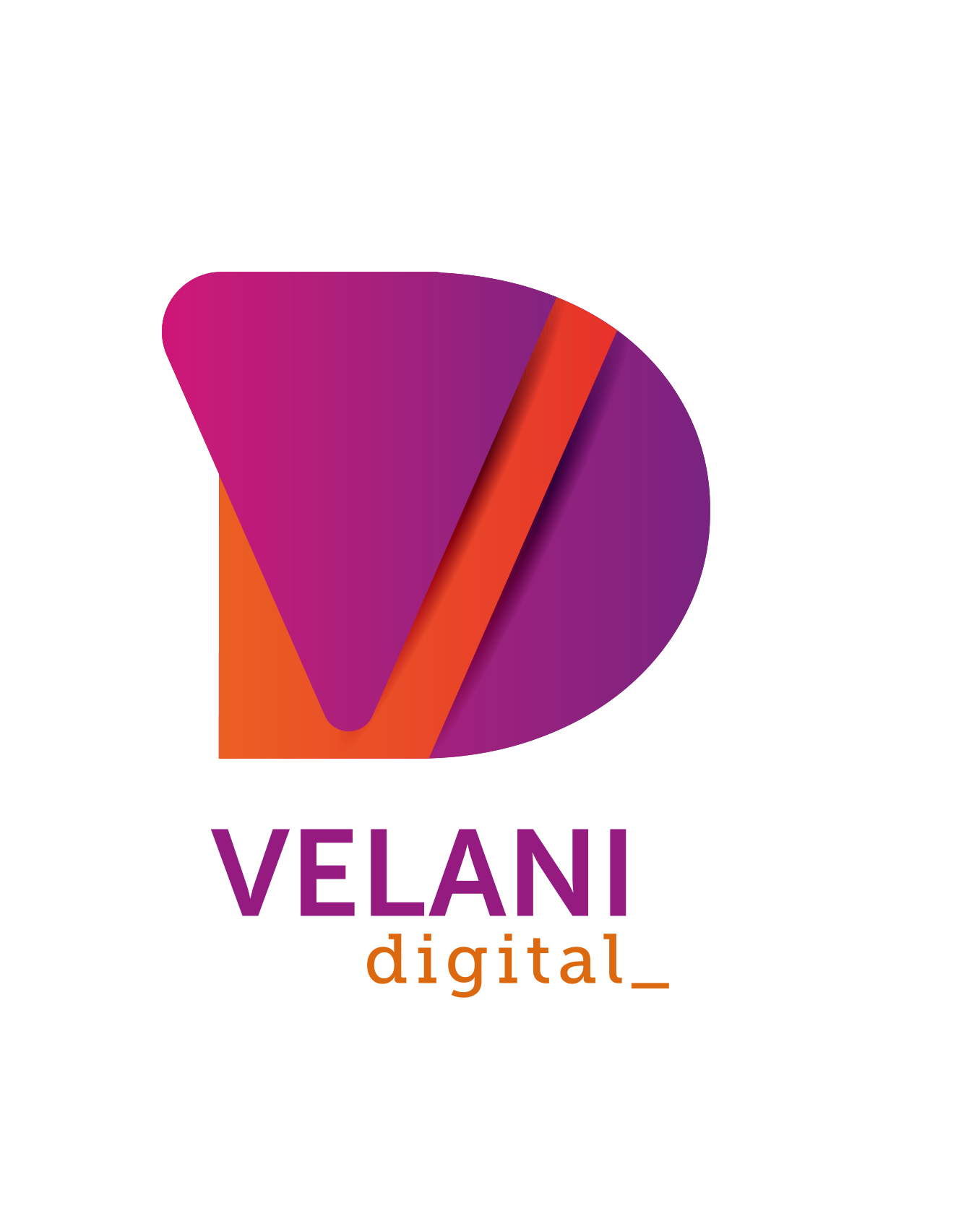 Um logotipo roxo e laranja para velani digital