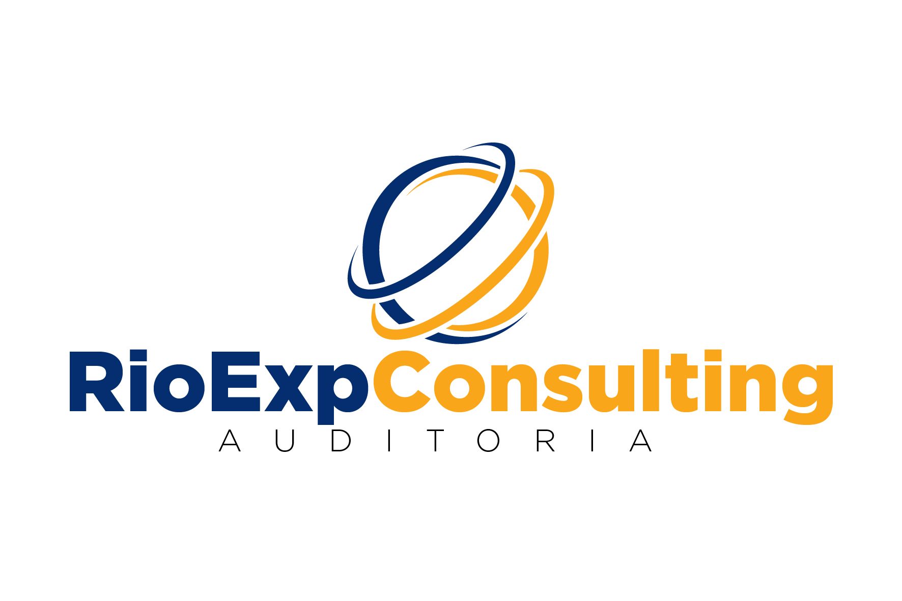 O logotipo da rio exp consulting auditoria é azul e amarelo.