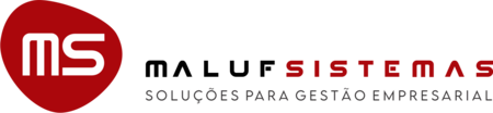 A red and white logo for ms maluf sistemas