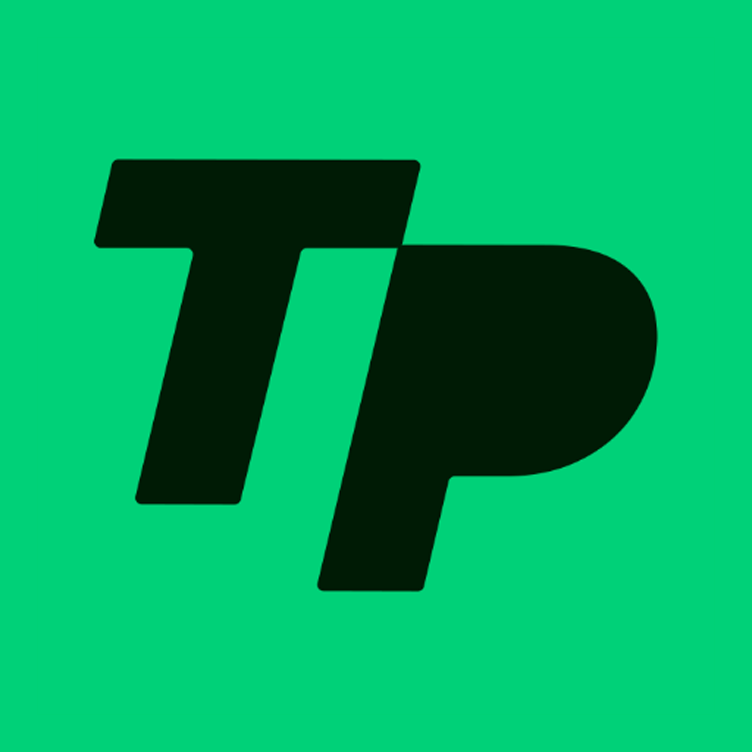 Uma letra preta tp está em um fundo verde.