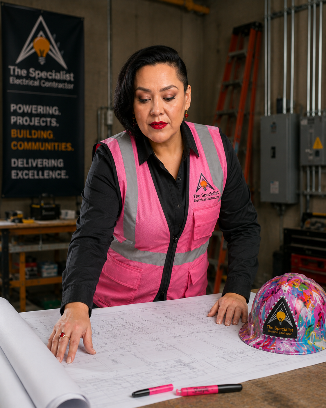 Woman in pink vest reviewing blueprints at a worktable in an office or jobsite setting