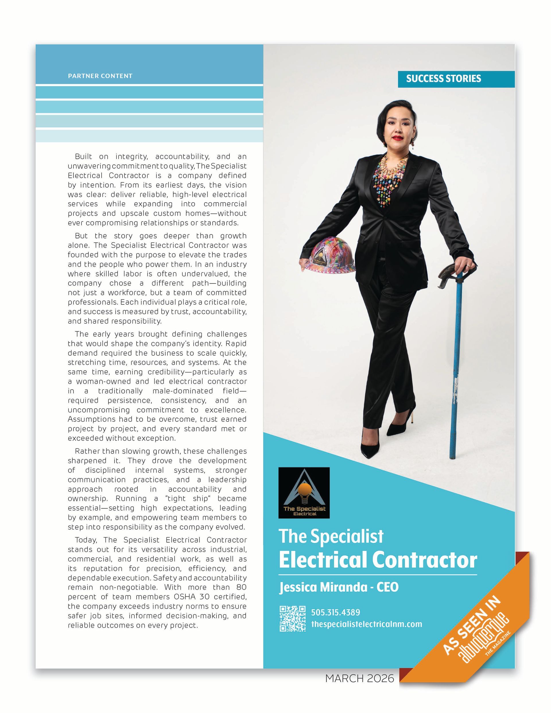 Cover of “The Specialised Electrical Contractor” magazine featuring a suited woman holding a cane.