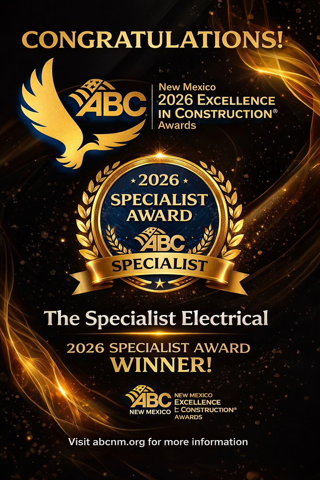 Gold ABC 2026 Excellence in Construction Specialist Award poster announcing The Specialist Electrical as winner